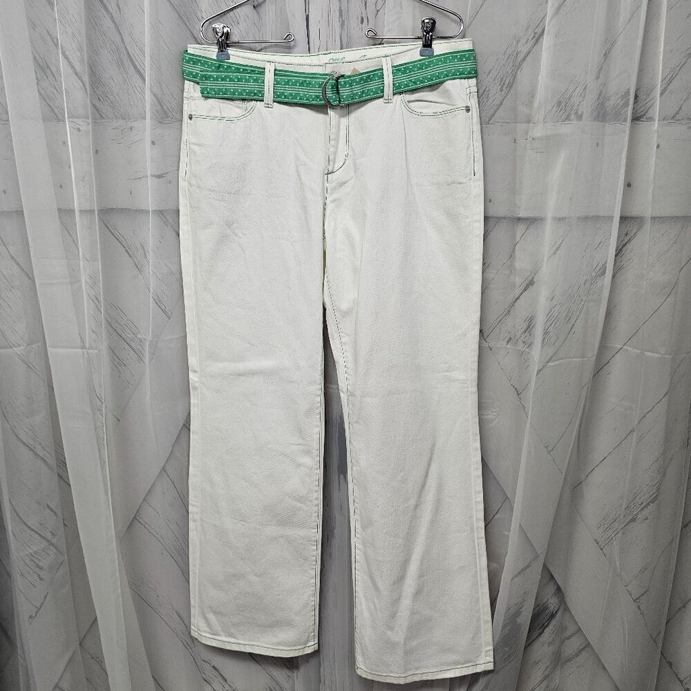 L.L. Bean White Jean Green Preppy Boot Cut Belted Cotton Jeans Size 12 - Picture 15 of 15